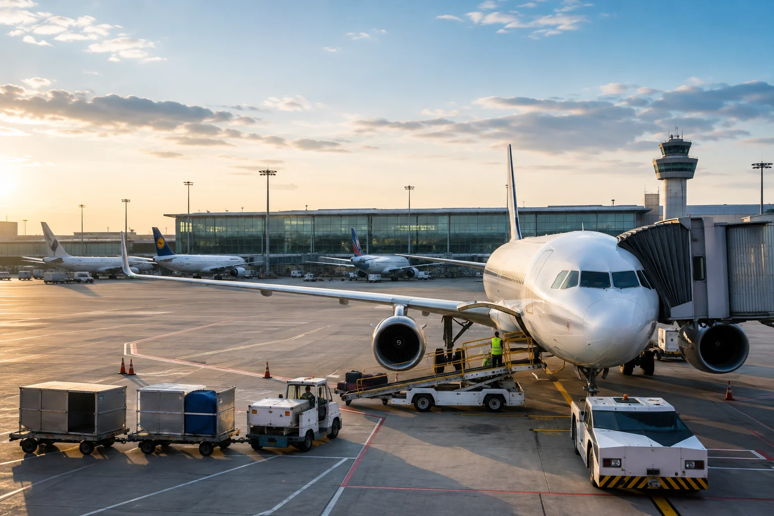 Commercial aircraft and ground operations at a modern airport