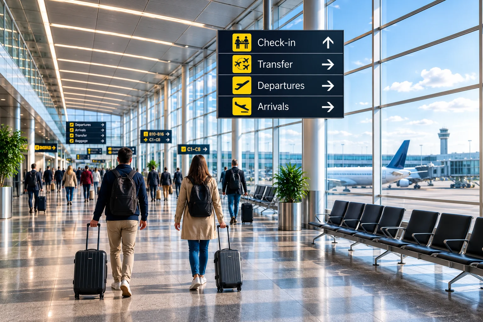 Passengers walking through a modern airport terminal with flight direction signs
